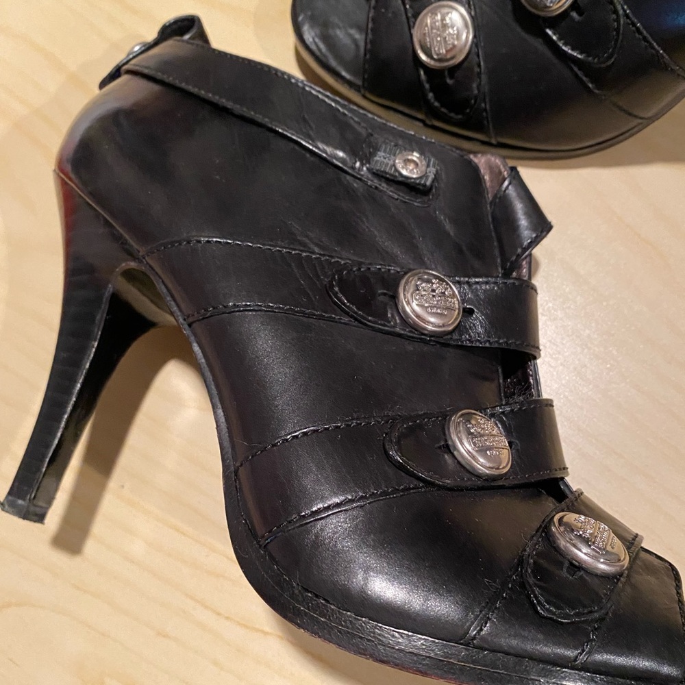Coach black leather peep toe booties